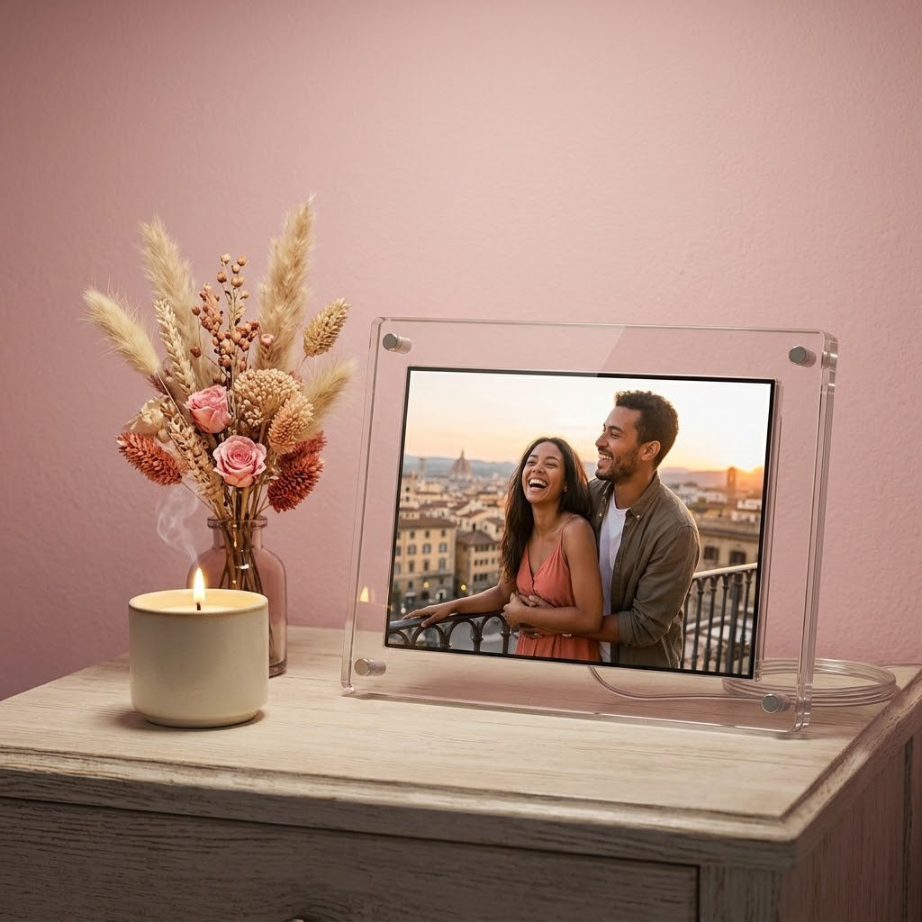 Cadre photo numérique Mémoa sur une table de chevet